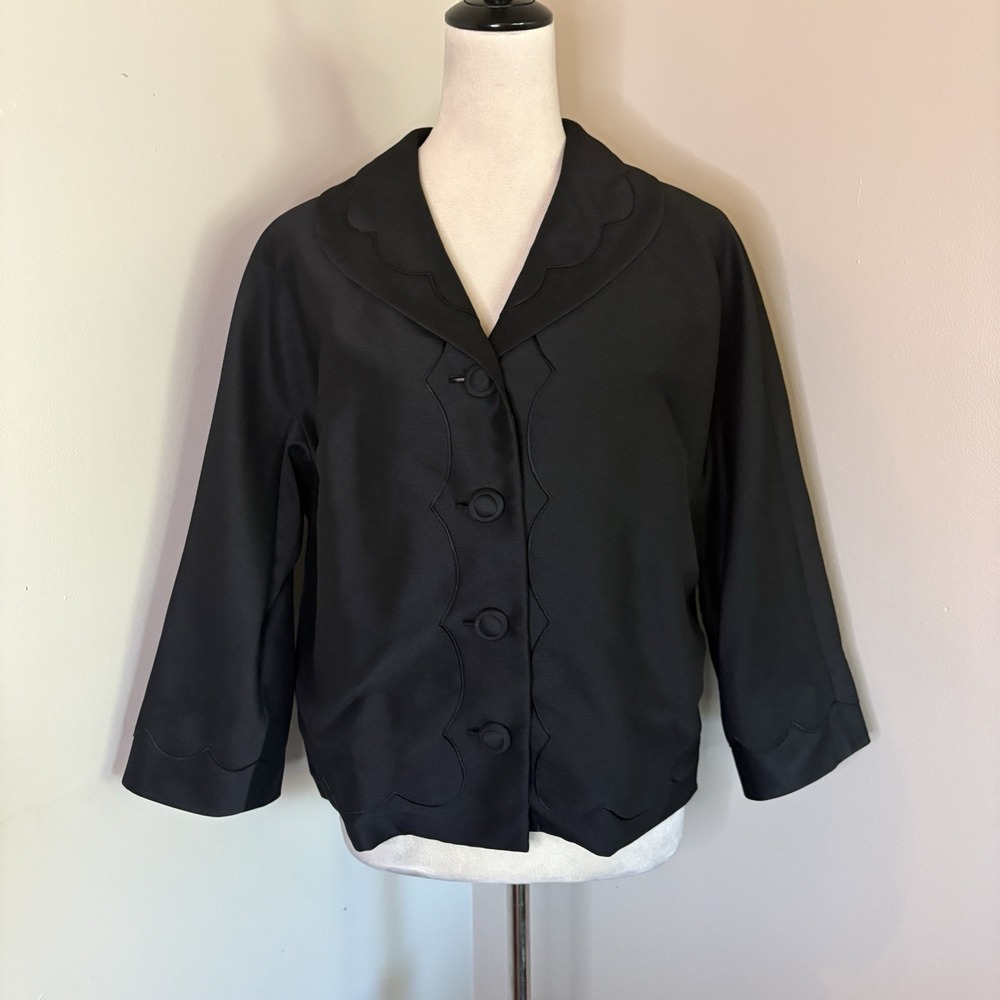VTG 60s Bespoke Monet Silk Faille Scalloped Black Swing Jacket Hong Kong M Mint